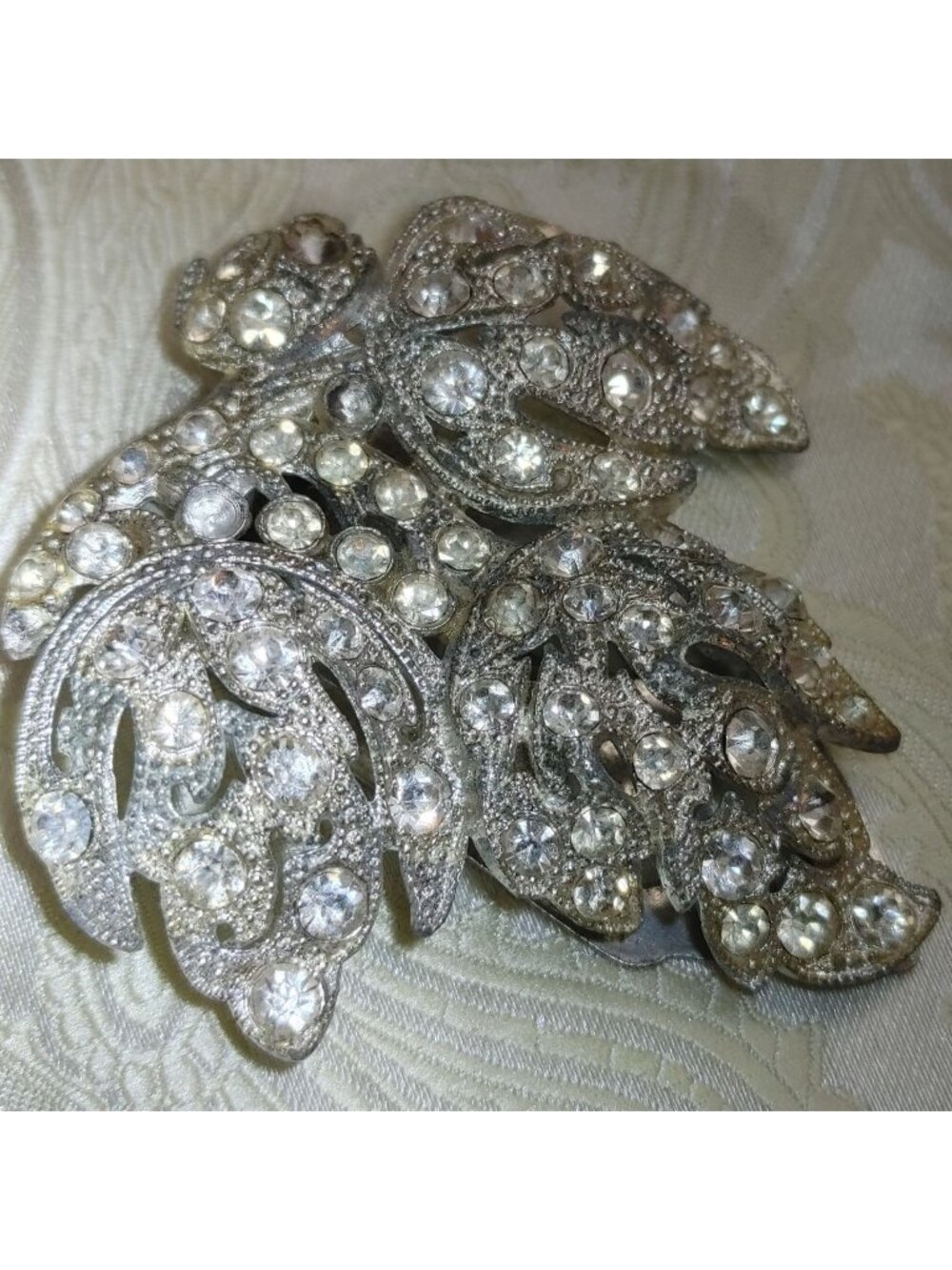 Art Deco Dress Fur Jewelry Clip Vintage Rhinestone Leaf Silver Tone Clip Back